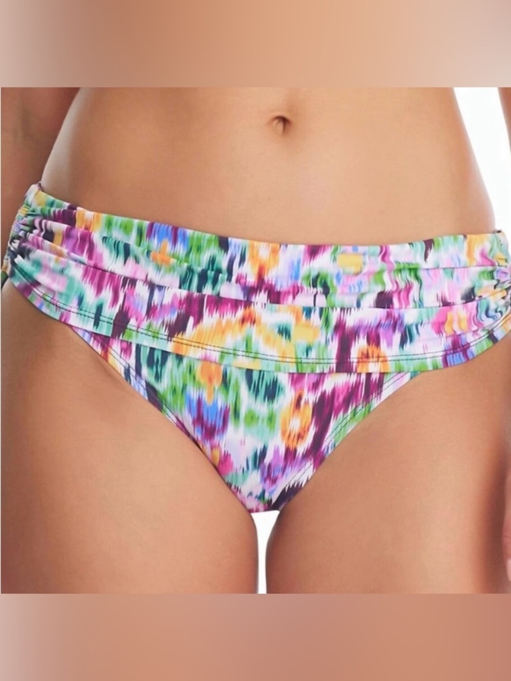 Bleu Rod Beattie Multicolor Ruched Bikini Bottom in Pink, Green, Blue & Yellow